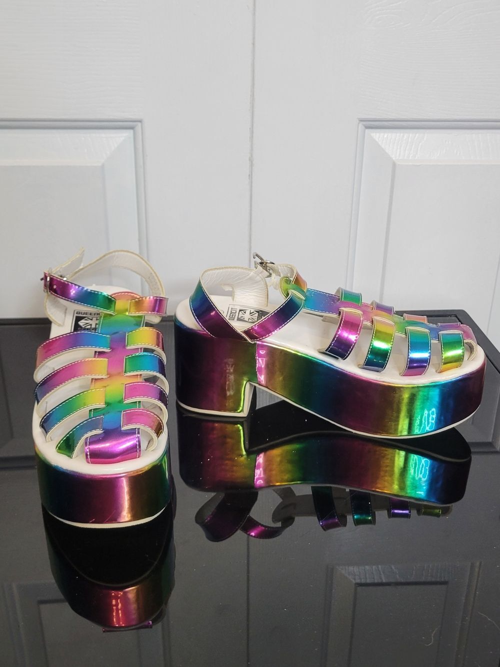 Queen City Rainbow Holographic 3" Platform Cut Out Sandals Chunky 8 Pride Yru